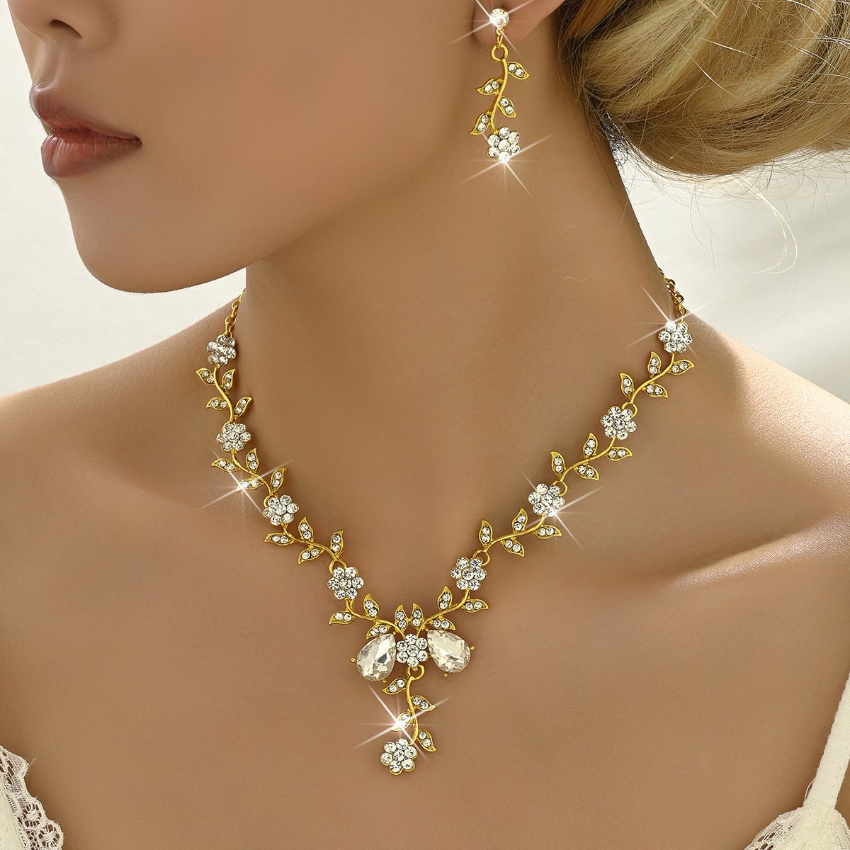 Bridal Rhinestone Water Drop Necklace and Earrings