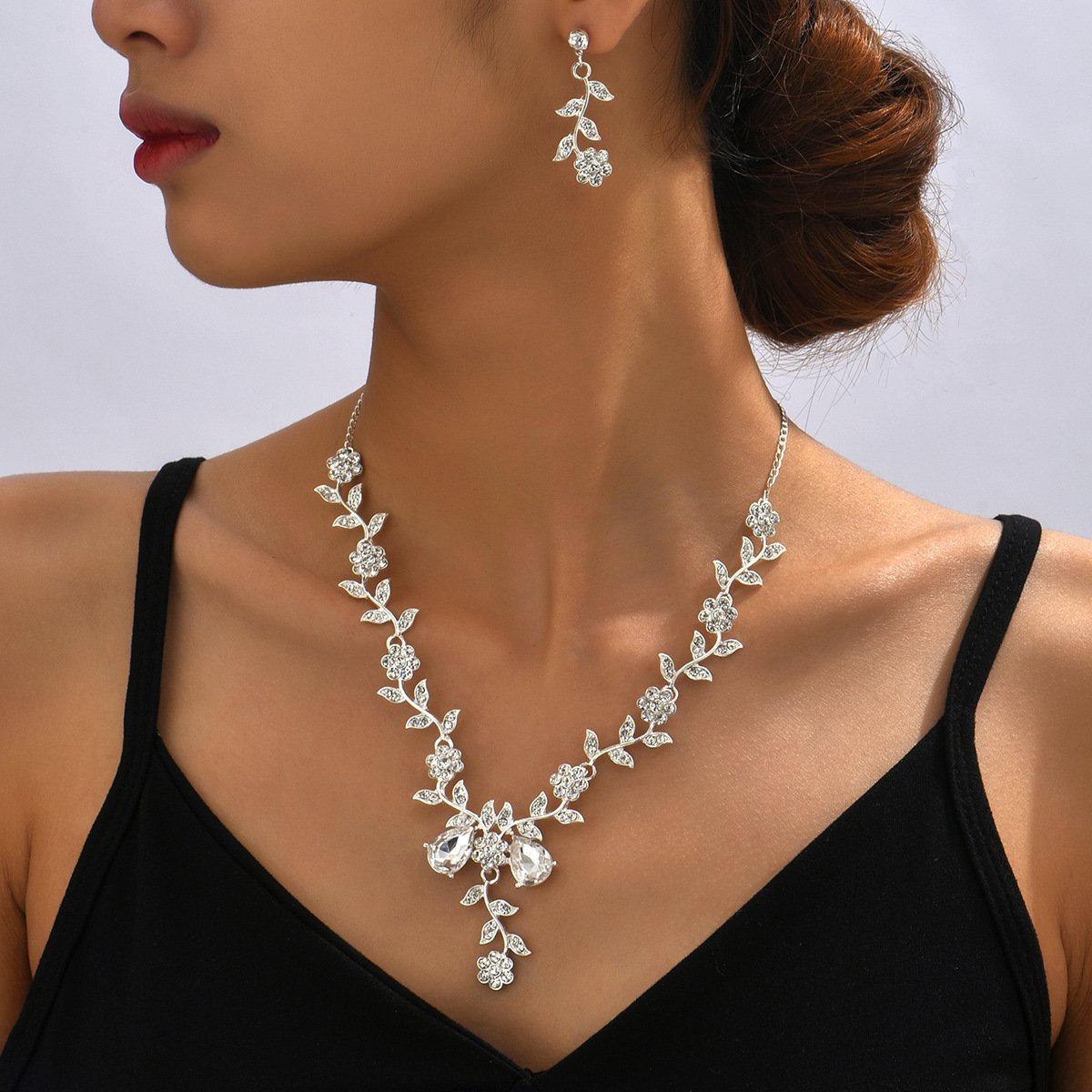Bridal Rhinestone Water Drop Necklace and Earrings